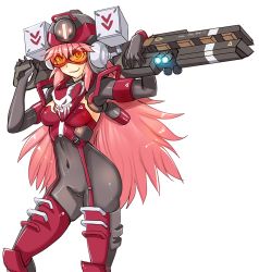 Rule 34 | bodysuit, cowboy shot, goggles, grin, hmage, long hair, magnetic weapon, northstar (titanfall), pink hair, railgun, simple background, skin tight, smile, smug, standing, thighhighs, titanfall, titanfall (series), titanfall 2, transparent background, v-shaped eyebrows, very long hair, yellow eyes