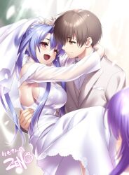 Rule 34 | 1boy, 2girls, :d, arms around neck, bare shoulders, blue hair, blurry, blurry background, blush, breasts, bridal veil, brown eyes, brown hair, carrying, closed mouth, commentary request, commission, couple, depth of field, dress, eye contact, frilled dress, frills, hair between eyes, happy, hetero, hug, large breasts, long hair, long sleeves, looking at another, multiple girls, open mouth, princess carry, profile, red eyes, shiny skin, short hair, sideboob, simple background, skeb commission, smile, sorakado ai, sorakado ao, summer pockets, takahara hairi, veil, very long hair, wedding, wedding dress, white dress, zen (kamuro)