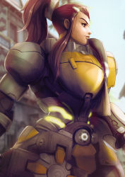 Rule 34 | 1girl, armor, breastplate, brigitte (overwatch), brown eyes, brown hair, day, faulds, freckles, from side, hair ornament, hair pulled back, hairclip, high ponytail, highres, holding, holding weapon, long hair, looking to the side, mace, neon trim, overwatch, overwatch 1, ponytail, solo, vincent andrada, weapon