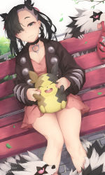 Rule 34 | 1girl, :d, ^ ^, absurdres, asymmetrical bangs, backpack, bag, bench, black hair, black jacket, branch, closed eyes, closed mouth, commentary request, creatures (company), day, dress, dutch angle, earrings, feet out of frame, galarian form, galarian zigzagoon, game freak, gen 8 pokemon, green eyes, hair over one eye, hair ribbon, highres, jacket, jewelry, kana616, knees together feet apart, light smile, long hair, marnie (pokemon), morpeko, morpeko (full), mouth hold, nintendo, on bench, open clothes, open jacket, open mouth, outdoors, park bench, pink dress, pixiv id, pokemon, pokemon (creature), pokemon swsh, red ribbon, ribbon, sitting, smile, spanish commentary, stud earrings, teeth, twintails, twitter username, upper teeth only