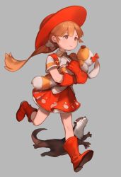 Rule 34 | brown hair, closed mouth, dress, gloves, grey background, grey eyes, hat, highres, lee hyeseung, long hair, otter, ponytail, red footwear, red gloves, running, short sleeves, simple background, solo, standing, standing on one leg, star-shaped pupils, star (symbol), stuffed animal, stuffed toy, symbol-shaped pupils