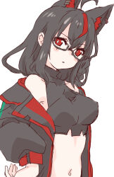 Rule 34 | 1girl, absurdres, ahoge, animal ear fluff, animal ear piercing, animal ears, black hair, black hoodie, black shorts, braid, breasts, commentary, dark persona, english commentary, fox ears, fox girl, fox tail, glasses, hair between eyes, highres, hololive, hood, hoodie, jacket, kurokami fubuki, long hair, looking at viewer, mayoineko, navel, open clothes, open jacket, parted lips, red eyes, shorts, sidelocks, single braid, solo, tail, turtleneck, virtual youtuber
