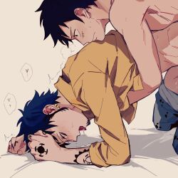 Rule 34 | 2boys, ahegao, arm tattoo, black hair, blush, closed mouth, clothed sex, clothes pull, commentary request, demorzel, doggystyle, earrings, facial hair, facial scar, goatee, hand tattoo, heart, highres, implied sex, jewelry, male focus, monkey d. luffy, multiple boys, one piece, open mouth, pants, pants pull, saliva, saliva pool, scar, scar on cheek, scar on face, sex, sex from behind, shirt, short hair, sweat, tattoo, tongue, tongue out, trafalgar law, trembling, yaoi, yellow eyes, yellow shirt