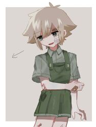Rule 34 | 1boy, aged down, antenna hair, arrow (symbol), bandaid, bandaid on face, bandaid on hand, basil (faraway) (omori), basil (omori), blonde hair, collared shirt, green eyes, green overalls, green shirt, hair between eyes, hand on own arm, highres, looking to the side, omori, open mouth, overall shorts, overalls, shirt, short hair, short sleeves, simple background, smile, solo, yuyuyu m5