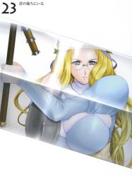 Rule 34 | 1girl, blonde hair, blue eyes, breasts, fighting stance, flail, glasses, hat, highres, holding, huge breasts, long hair, looking at viewer, melpha, nun, queen&#039;s blade, reflection, shield, solo, sword, weapon, zundarepon