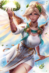 Rule 34 | 1girl, ancient greek clothes, artist name, blonde hair, blue eyes, blue sky, breasts, chiton, commentary, day, giving, glowing, glowing wings, greco-roman clothes, head wreath, high ponytail, holding, holding staff, laurel crown, lens flare, lips, looking at viewer, mechanical wings, mercy (overwatch), nose, official alternate costume, olchas, outdoors, overwatch, overwatch 1, pelvic curtain, peplos, short sleeves, signature, sky, smile, solo, spread wings, staff, toga, upper body, watermark, web address, winged victory mercy, wings, yellow wings