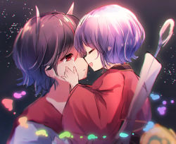 Rule 34 | black background, black hair, closed eyes, crying, grey horns, hand on another&#039;s face, horns, japanese clothes, kijin seija, kimono, light particles, long sleeves, looking at another, moshihimechan, multicolored hair, needle sword, open mouth, purple hair, rainbow order, red eyes, red hair, red kimono, short hair, smile, streaked hair, sukuna shinmyoumaru, sword, sword behind back, touhou, upper body, weapon, wide sleeves