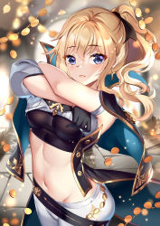 Rule 34 | 1girl, :&lt;, armlet, arms up, artist name, belt, black cape, black gloves, black ribbon, black sports bra, blonde hair, blue eyes, blurry, blurry background, blush, cape, closed mouth, clothes lift, commentary, cowboy shot, cross, cross earrings, depth of field, earrings, genshin impact, gloves, gold, hair ribbon, heart, heart in eye, highres, jean (genshin impact), jewelry, lifting own clothes, long hair, looking at viewer, navel, pants, ponytail, ribbon, sleeveless, solo, sports bra, squchan, stomach, symbol in eye, undressing, white pants