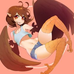 Rule 34 | 1girl, bare shoulders, bird legs, blush, breasts, brown eyes, brown feathers, brown wings, commentary, commission, crop top, denim, denim shorts, english commentary, feathers, halphelt, harpy, midriff, monster girl, navel, open fly, open mouth, original, pointy ears, short hair, shorts, small breasts, solo, talons, tank top, teeth, upper teeth only, white tank top, wings