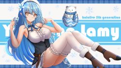 Rule 34 | 1girl, animal, bare arms, bare shoulders, bear, beret, blue bow, blue eyes, blue hair, blue scarf, blue skirt, boots, bow, breasts, brown footwear, center frills, character name, commentary, daifuku (yukihana lamy), flower, frilled skirt, frills, fur-trimmed boots, fur trim, hair between eyes, hair flower, hair ornament, half updo, hat, high heel boots, high heels, highres, hololive, kazenokaze, large breasts, long hair, plaid, plaid bow, plaid scarf, pointy ears, polar bear, ribbon-trimmed legwear, ribbon trim, scarf, shirt, sitting, skirt, sleeveless, sleeveless shirt, solo, thighhighs, very long hair, virtual youtuber, white flower, white hat, white shirt, white thighhighs, yukihana lamy