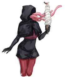 Rule 34 | 1girl, black capelet, black gloves, black hood, black shorts, capelet, cropped legs, elbow gloves, food, gloves, highres, holding food, holding ice cream, hood, hood up, ice cream, ice cream cone, multiple tongues, original, pantyhose, red pantyhose, shorts, simple background, solo, white background, yourfreakyneighbourh