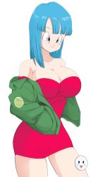 Rule 34 | 1girl, absurdres, alternate breast size, aqua hair, bare legs, blue eyes, blue hair, breasts, caisama, cleavage, dragon ball, dragonball z, dress, highres, jacket, jacket on shoulders, large breasts, maron (dragon ball), red dress, shiny skin, simple background, solo, standing, white background, wide hips