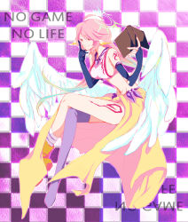 Rule 34 | 10s, 1girl, angel wings, breasts, checkered background, spiked halo, copyright name, feathered wings, halo, highres, jibril (no game no life), long hair, looking at viewer, low wings, magic circle, multicolored hair, navel, no game no life, pink hair, shoes, single shoe, smile, solo, white wings, wings, yellow eyes