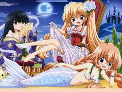 Rule 34 | 3girls, :d, barefoot, bikini, black hair, blonde hair, castle, character request, clothes lift, dress, dress lift, fanning, fanning face, fanning self, feet, fish, flower, full moon, glasses, gloves, hair flower, hair ornament, hand fan, high heels, highres, hime cut, japanese text, kodomo no jikan, bridal garter, long hair, looking at viewer, mermaid, monster girl, moon, multiple girls, night, official art, open mouth, seaweed, shell, shell bikini, shoes, single shoe, smile, swimsuit, text focus, toenails, toes, white footwear, white gloves