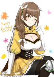 1girl ;) black_pantyhose braid breasts brown_hair cleavage corset fire_emblem fire_emblem_engage gloves goldmary_(fire_emblem) hair_ribbon hand_up happy_birthday highres large_breasts long_hair looking_at_viewer miniskirt mole mole_on_breast nintendo one_eye_closed otokajife pantyhose ribbon sitting skirt smile solo white_gloves white_ribbon yellow_eyes yellow_skirt