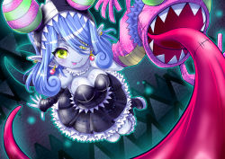 Rule 34 | 1girl, appmon, bandai, blue hair, boots, breasts, cleavage, colored skin, demon girl, digimon, digimon (creature), digimon universe: appli monsters, dress, earrings, eyepatch, fangs, female focus, fingerless gloves, gloves, gothic lolita, grey skin, hand puppet, jewelry, kangakuraku12, large breasts, licking, licking lips, lolita fashion, long hair, looking at viewer, mienumon, monster girl, no bra, puppet, shiny skin, smile, solo, tongue, tongue out, yellow eyes