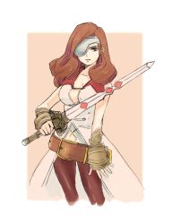 Rule 34 | 1girl, beatrix (ff9), belt, breasts, brown eyes, brown hair, cleavage, closed mouth, curly hair, eyepatch, final fantasy, final fantasy ix, gloves, highres, long hair, pantyhose, save the queen, solo, sword, toutoumi, weapon
