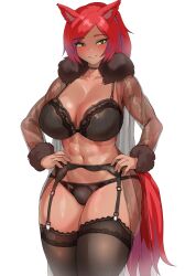 Rule 34 | 1girl, abs, animal ears, black bra, black panties, black thighhighs, blush, bra, breasts, character request, choker, cleavage, copyright request, cowboy shot, fur collar, garter belt, garter straps, grin, hands on own hips, highres, large breasts, lingerie, navel, ohthicc, panties, red hair, simple background, smile, solo, thighhighs, underwear, white background, yellow eyes