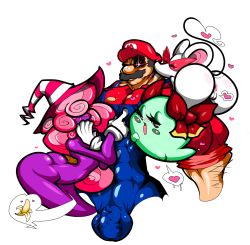 Rule 34 | 2boys, 2girls, androgynous, anus, ass, banana, bisexual male, blush, blush stickers, boo (mario), bow, bow (paper mario), bulge, butt crack, curly hair, darthsaburou, facial hair, food, fruit, ghost, ghost tail, gloves, harem, hat, heart, heart-shaped pupils, highres, looking back, manly, mario, mario (series), ms. mowz, multiple boys, multiple girls, muscular, mustache, nintendo, overalls, paper mario, pink hair, pussy, sexually suggestive, simple background, spoken heart, super mario bros. 1, symbol-shaped pupils, tail, trap, vivian (paper mario), white background, white gloves, witch hat