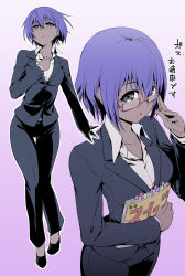 Rule 34 | 1girl, blush, breasts, business suit, collarbone, dark-skinned female, dark skin, dress shirt, fate/grand order, fate/prototype, fate/prototype: fragments of blue and silver, fate (series), formal, glasses, gradient background, hassan of serenity (fate), highres, hip focus, looking at viewer, md5 mismatch, medium breasts, misao (kami no misoshiru), multiple views, navel, open mouth, pant suit, pants, purple background, purple eyes, purple hair, shirt, short hair, smile, suit, thigh gap, translation request