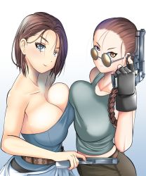 Rule 34 | 2girls, absurdres, bare arms, bare shoulders, black gloves, blue background, blue eyes, braid, breasts, brown-tinted eyewear, brown hair, cleavage, closed mouth, clothes around waist, collarbone, crossover, finger on trigger, fingerless gloves, gloves, gradient background, gun, hair slicked back, highres, jill valentine, lara croft, large breasts, long hair, looking over eyewear, looking over glasses, mikado ryouma, miniskirt, multiple girls, resident evil, resident evil 3: nemesis, round eyewear, short hair, shorts, skirt, sleeveless, smile, strapless, sunglasses, sweater, sweater around waist, tank top, tinted eyewear, tomb raider, tube top, upper body, weapon, white background