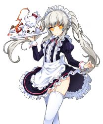 Rule 34 | 1girl, apron, dress, elsword, eve (elsword), full body, holding, holding tray, long hair, maid, maid headdress, official art, silver hair, solo, standing, thighhighs, transparent background, tray, twintails, very long hair, white apron, white thighhighs, yellow eyes, zettai ryouiki