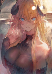 Rule 34 | 1girl, backlighting, bare shoulders, bed, betabeet, black dress, blonde hair, blue eyes, breasts, cleavage, closed mouth, collarbone, commentary, commission, day, detached sleeves, dress, horns, indoors, large breasts, long hair, long sleeves, looking at viewer, original, pointy ears, smile, solo, steaming body, sunlight, upper body, very long hair