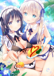 Rule 34 | 2girls, :d, bare arms, bare shoulders, bikini, black bikini, black hair, blonde hair, blue bikini, blue eyes, blue sky, breasts, cameltoe, cleavage, closed mouth, cloud, cloudy sky, collar, collarbone, commentary request, day, detached collar, food, frilled bikini, frills, groin, hashimo yuki, heart, highres, holding, holding plate, holding spoon, horizon, ketchup, long hair, maid, maid bikini, medium breasts, multiple girls, ocean, omelet, omurice, open mouth, original, outdoors, plate, sky, smile, spoon, swimsuit, twintails, unconventional maid, water, white collar, wing collar