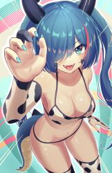 Rule 34 | 1girl, absurdres, animal print, arm at side, arm up, bare shoulders, bikini, blue eyes, blue hair, blue nails, breasts, bridal gauntlets, claw pose, cleavage, commission, cow print, cow print bikini, cowboy shot, detached sleeves, dragon girl, dragon horns, dragon tail, fangs, from above, gloves, hair over one eye, highres, horns, kaida umi (dragoaman), leaning forward, light blush, long hair, looking at viewer, looking up, medium breasts, multicolored background, multicolored hair, nail polish, navel, one eye covered, open mouth, original, print bikini, print gloves, print thighhighs, sharp nails, shiny skin, slit pupils, smile, solo, standing, streaked hair, string bikini, swept bangs, swimsuit, tail, thighhighs, tongue, tongue out, twintails, v-shaped eyebrows, very long hair