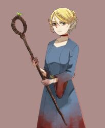 Rule 34 | 1girl, bags under eyes, belt, blonde hair, blood, blood on clothes, blood on hands, blue dress, braid, braided bangs, breasts, choker, closed mouth, cowboy shot, dress, dungeon meshi, elf, empty eyes, exhausted, green eyes, hair between eyes, holding, holding staff, kikurageroo, long sleeves, looking at viewer, marcille donato, medium breasts, no cape, official alternate hairstyle, pointy ears, simple background, solo, sprout, staff, updo