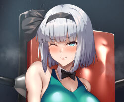 Rule 34 | 1girl, alternate breast size, black bow, black bowtie, blush, bob cut, bow, bowtie, breasts, cleavage, green eyes, green one-piece swimsuit, grey hair, half-closed eyes, headband, indoors, kaeru no uta, konpaku youmu, large breasts, one-piece swimsuit, short hair, solo, swimsuit, touhou, touhou tag dream, wrestling outfit, wrestling ring
