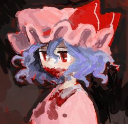 Rule 34 | 1girl, 44insects, black background, blood, blood on clothes, blood on face, blood stain, blue hair, bow, closed mouth, dark background, expressionless, from side, hair between eyes, hat, hat bow, highres, large hat, long bangs, looking ahead, mob cap, no lineart, no nose, red bow, red eyes, remilia scarlet, short hair, sketch, solo, touhou, vampire, wavy hair, white hat, wing collar