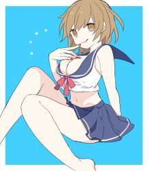 Rule 34 | 1girl, :q, alternate costume, arm at side, bare arms, bare legs, bare shoulders, barefoot, blue background, blue sailor collar, blue skirt, breasts, brown eyes, brown hair, cleavage, crop top, feet out of frame, finger to mouth, fingernails, large breasts, looking at viewer, meiko (vocaloid), midriff, miniskirt, nail polish, navel, outside border, pink ribbon, red nails, ribbon, sailor collar, school uniform, serafuku, shirt, short hair, simple background, skirt, sleeveless, sleeveless shirt, smile, solo, stomach, thighs, tongue, tongue out, two-tone background, vocaloid, white background, white shirt, yoshiki