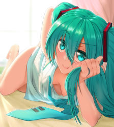 Rule 34 | 1girl, :t, aqua eyes, aqua hair, backlighting, bare legs, barefoot, blue necktie, breasts, closed mouth, commentary request, downblouse, hand on own hip, hatsune miku, highres, holding, holding own hair, long hair, looking at viewer, lying, necktie, no bra, on side, shirt, small breasts, smile, solo, twintails, very long hair, vocaloid, white shirt, yamauchi (conan-comy)