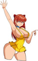 Rule 34 | 1girl, absurdres, alcione makoto, alternate breast size, alternate eye color, bare legs, breasts, cleavage, covered navel, dress, expressionless, green eyes, highres, large breasts, legs, lips, neon genesis evangelion, orange hair, panties, shiny skin, short dress, solo, souryuu asuka langley, sundress, thick thighs, thighs, thong, underwear, white panties, wide hips, yellow dress