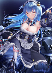 Rule 34 | 1girl, absurdres, apron, arm behind head, arm up, armored boots, armpits, azur lane, bare shoulders, blue bow, blue bowtie, blue dress, blue hair, blush, boots, bow, bowtie, breasts, cleavage, commentary request, corset, detached collar, detached sleeves, dress, frilled apron, frilled dress, frills, from above, full body, garter straps, gem, highres, holding, holding polearm, holding weapon, knee boots, lance, large breasts, leaning forward, long hair, long sleeves, maid headdress, makihige, medium breasts, neptune (azur lane), on water, over shoulder, parted lips, polearm, red gemstone, rudder footwear, skindentation, solo, standing, staring, thighhighs, very long hair, walking, walking on liquid, weapon, weapon on back, weapon over shoulder, white apron, white thighhighs, yellow eyes