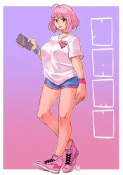 Rule 34 | 1girl, ahoge, breasts, cellphone, holding, holding phone, idolmaster, idolmaster cinderella girls, large breasts, looking at viewer, phone, pill, pink eyes, pink hair, print shirt, shirt, shoes, short hair, smartphone, smile, sneakers, snowcie, solo, yumemi riamu