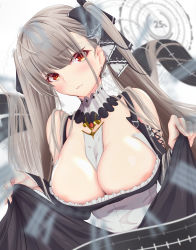 Rule 34 | 1girl, absurdres, areola slip, azur lane, bare shoulders, between breasts, black dress, blush, breasts, cleavage, clock, dress, earrings, flight deck, formidable (azur lane), frilled dress, frills, grey hair, hair ribbon, highres, jewelry, large breasts, long hair, long sleeves, looking at viewer, red eyes, ribbon, rigging, skirt hold, solo, spekkio36, twintails, two-tone dress, very long hair