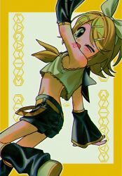Rule 34 | 1girl, arm at side, arm up, belt, blonde hair, blue eyes, border, bow, crop top, facing to the side, feet out of frame, from behind, hair bow, hair ornament, hairclip, highres, kagamine rin, knee up, leg warmers, looking at viewer, looking back, menma (enaic31), midriff, neckerchief, one eye closed, open mouth, shorts, signature, sleeveless, solo, vocaloid, white bow, white footwear, yellow belt, yellow border, yellow neckerchief