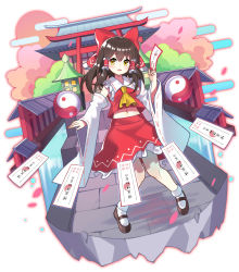 Rule 34 | 1girl, :d, absurdres, architecture, ascot, bare shoulders, black footwear, blush, bobby socks, bow, breasts, brown eyes, brown hair, circle skirt, cloud, detached sleeves, dutch angle, east asian architecture, frilled skirt, frills, hair between eyes, hair bow, hair tubes, hakurei reimu, highres, holding, holding paper, knees together feet apart, leaf, long hair, long sleeves, looking at viewer, mary janes, medium skirt, midriff, midriff peek, navel, ofuda, open mouth, orb, paper, petticoat, red bow, red skirt, red vest, ribbon-trimmed sleeves, ribbon trim, shoes, sidelocks, skirt, skirt set, small breasts, smile, socks, solo, sun, torii, touhou, tree, vest, white socks, wide sleeves, yellow ascot, yin yang, yin yang orb, yuujin (yuzinn333)