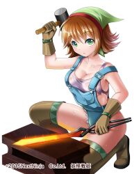 Rule 34 | 1girl, blacksmith, boots, breasts, brown footwear, brown gloves, brown hair, cleavage, closed mouth, copyright notice, copyright request, gloves, glowing hot, green eyes, hair between eyes, hammer, head scarf, holding, holding hammer, kuzumochi (kuzumochiya), looking at viewer, medium breasts, official art, on one knee, overalls, simple background, solo, tank top, thigh boots, tongs, torn clothes, torn tank top, white background, white tank top