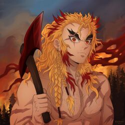 Rule 34 | 1boy, aged up, alternate facial hair, alternate hairstyle, alternate scar, alternate universe, axe, braid, braided ponytail, bright pupils, burning, colored tips, forest, forked eyebrows, highres, holding, holding axe, inkhashiras, kimetsu no yaiba, looking at viewer, male focus, mature male, multicolored hair, muscular, muscular male, nature, nipples, nude, orange hair, orange theme, over shoulder, pectorals, rengoku kyoujurou, sanpaku, scar, scar across eye, solo, sparse stubble, thick eyebrows, upper body, viking, weapon, weapon over shoulder, wide-eyed