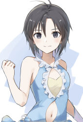 Rule 34 | 1girl, antenna hair, bandeau, bare shoulders, black eyes, black hair, blue background, blue shirt, blush, breasts, cleavage cutout, clenched hand, closed mouth, clothing cutout, commentary, elbow gloves, frilled shirt, frills, gloves, hair between eyes, hand up, idolmaster, idolmaster (classic), idolmaster 2, kikuchi makoto, light blush, light smile, long bangs, looking at viewer, mogskg, navel, shirt, short hair, single glove, sleeveless, sleeveless shirt, small breasts, smile, solo, stomach cutout, upper body, white background, white gloves, yellow bandeau