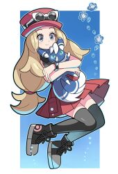 Rule 34 | 1girl, black footwear, blonde hair, blue eyes, closed mouth, collared shirt, commentary request, creatures (company), eyelashes, eyewear on headwear, game freak, gen 6 pokemon, hat, high-waist skirt, highres, holding, holding pokemon, long hair, low-tied long hair, meowstic, meowstic (male), nintendo, pink headwear, pokemon, pokemon (creature), pokemon xy, red skirt, serena (pokemon), shirt, shoes, skirt, sleeveless, sleeveless shirt, smile, sunglasses, sutokame, thighhighs, white-framed eyewear