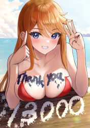 Rule 34 | 1girl, bikini, blush, breasts, brown hair, c (theta), cleavage, collarbone, grin, highres, idolmaster, idolmaster million live!, large breasts, leaning on object, looking at viewer, middle w, milestone celebration, outdoors, red bikini, sidelocks, signature, smile, solo, swimsuit, tokoro megumi, w