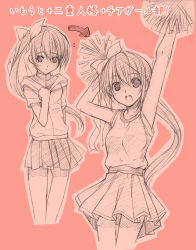 Rule 34 | 2girls, cheerleader, mizuhara yuu, monochrome, multiple girls, original, pink background, pink theme, pom pom (cheerleading), simple background