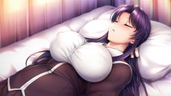 Rule 34 | 1girl, aiue oka, arms at sides, bed, blush, breasts, closed eyes, covered erect nipples, female focus, from above, game cg, himemiya tsukino, indoors, large breasts, light blush, long hair, lying, original, parted lips, pillow, purple hair, saimin gakushuu -secret desire-, school uniform, sleeping, solo, upper body
