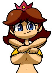 Rule 34 | 1girl, areola slip, arms up, blue eyes, breasts, brown hair, closed mouth, clothes lift, crossed arms, crown, female focus, happy, jaggy lines, large breasts, lifted by self, looking at viewer, mario (series), mini crown, navel, nintendo, no bra, parted bangs, princess daisy, red headwear, shiny skin, shirt, shirt lift, short hair, sidelocks, simple background, sleeveless, sleeveless shirt, smile, solo, stomach, straight-on, upper body, v-shaped eyebrows, vilepluff, white background, yellow shirt