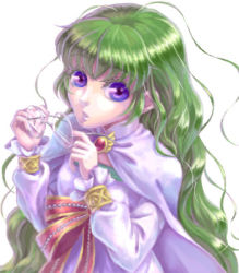 1girl breasts cape glasses green_hair long_hair lowres open_mouth philia_felice purple_eyes robe tales_of_(series) tales_of_destiny