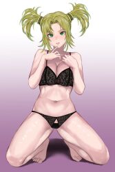 Rule 34 | 1girl, blush, bra, breasts, cleavage, commission, crotchless, crotchless panties, droite (tales), finger to mouth, green eyes, green hair, green nails, hair rings, highres, kneeling, lace, lace bra, lace panties, large breasts, looking at viewer, navel, panties, parted lips, pocari66, purple background, solo, tales of (series), tales of vesperia, twintails, underwear